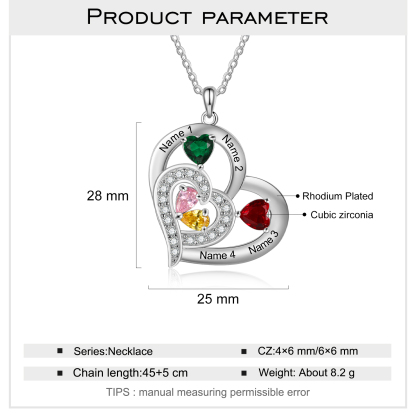 Personalised Heart Necklace With 4 Birthstones Engraved Names Gift For Her-Jessemade AU