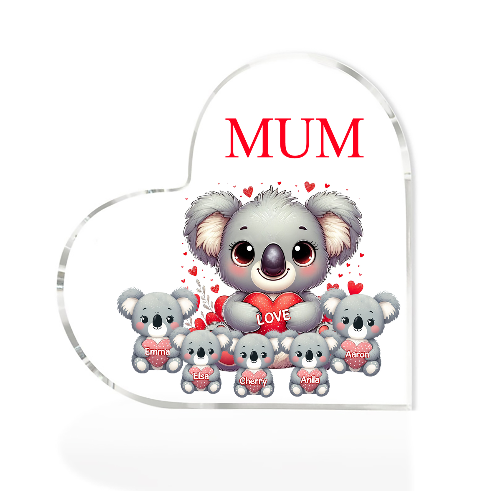 Personalised Acrylic Heart Keepsake Custom 1 Text & 5 Names Ornament Koala Family Gifts for Mother/Grandma-Jessemade AU