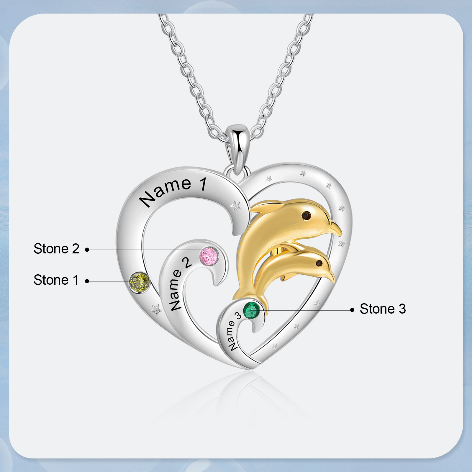 Personalised Heart Dolphin Pendant Necklace Custom 3 Birthstones Engraved 3 Names Necklace Gift for Her-Jessemade AU