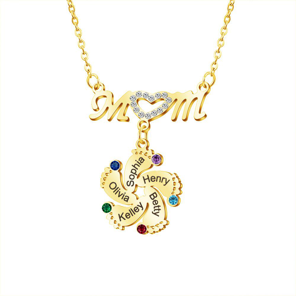 Mom Necklace Customised Baby Feet Necklace with Birthstones Engraving 5 Names Gifts for Her-Jessemade AU