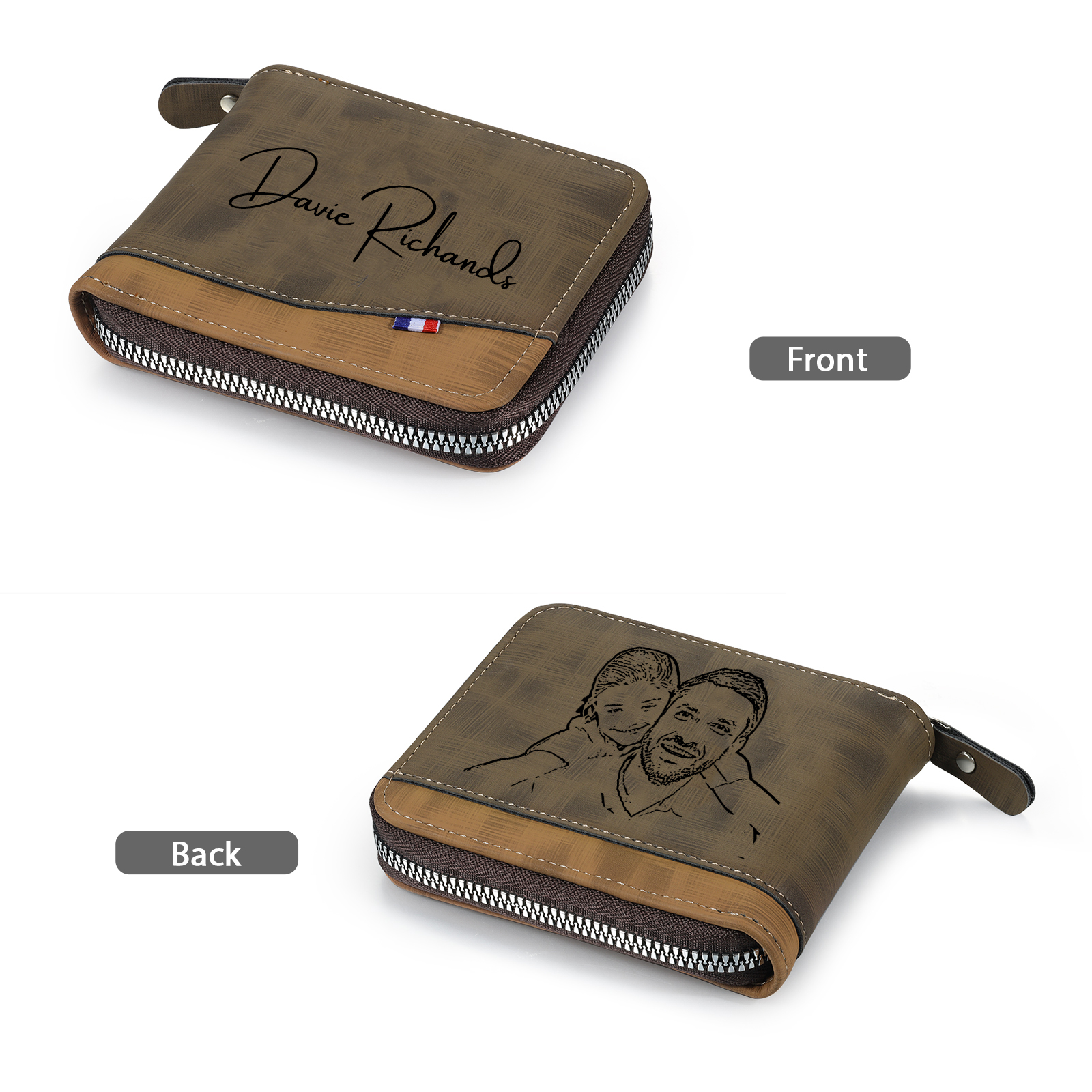 Personalised Photo & Text Billfold Wallet Custom Men's Leather Wallet Zipper Gifts for Him-Jessemade AU