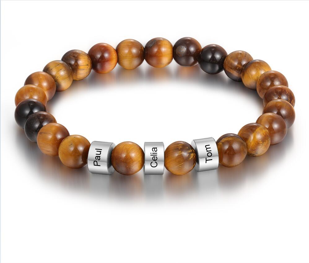Tiger's Eye Men Bracelet Personalised 3 Names Beaded Warp Bracelet Gift For Dad-Jessemade AU