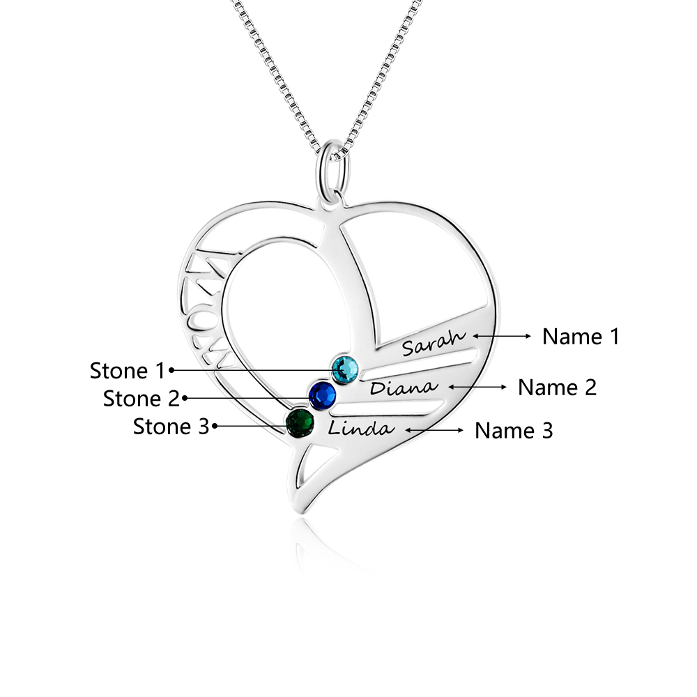 Personalised Heart Necklace With 3 birthstones Engraved Names Gift For Mother-Jessemade AU