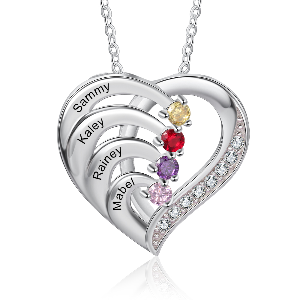 Personalised Mother Necklace 4 Stones Engraved 4 Names Birthstone Family Heart Pendant Gifts for Her-Jessemade AU