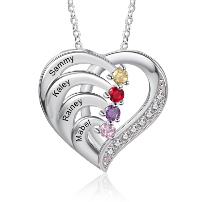 Personalised Mother Necklace 4 Stones Engraved 4 Names Birthstone Family Heart Pendant Gifts for Her-Jessemade AU