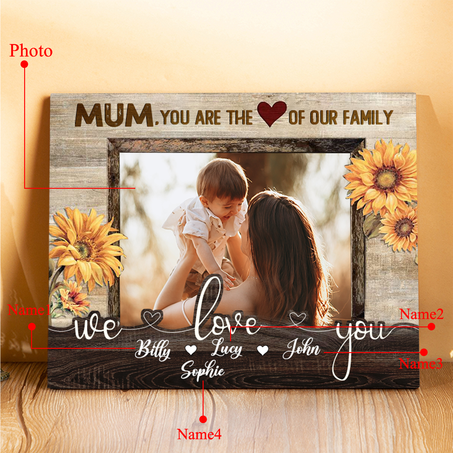 Personalised 4 Names & 1 Photo Wooden Plaque Custom Sunflower Home Decor Gifts for Mum - You Are The Heart/Love Of Our Family-Jessemade AU