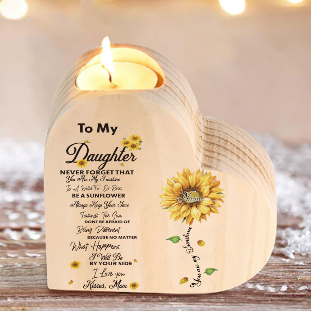 To My Daughter-Personalised Wooden Heart Candle Holder Sunflower Candlesticks "You Are My Sunshine"-Jessemade AU