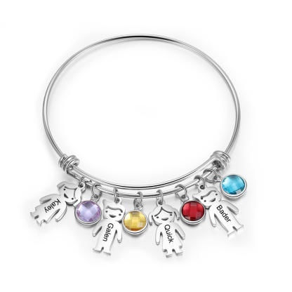Personalised Kid Charms Bangle Bracelet With Names Customised 4 Birthstones Gift for Her-Jessemade AU