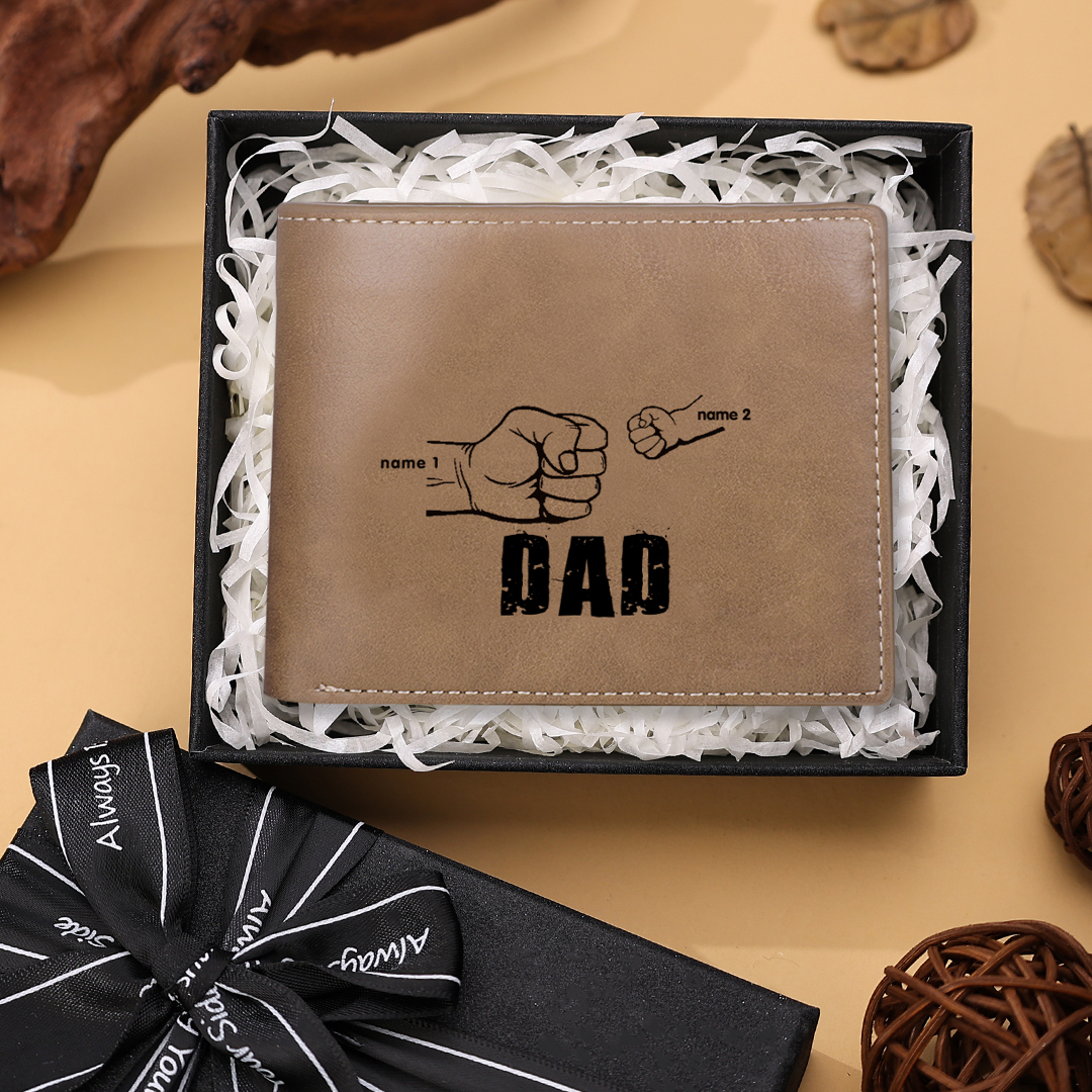 Personalised Leather Mens Wallet Engraved 2 Names Fist Bump Folding Wallet Father's Day Gifts-Jessemade AU