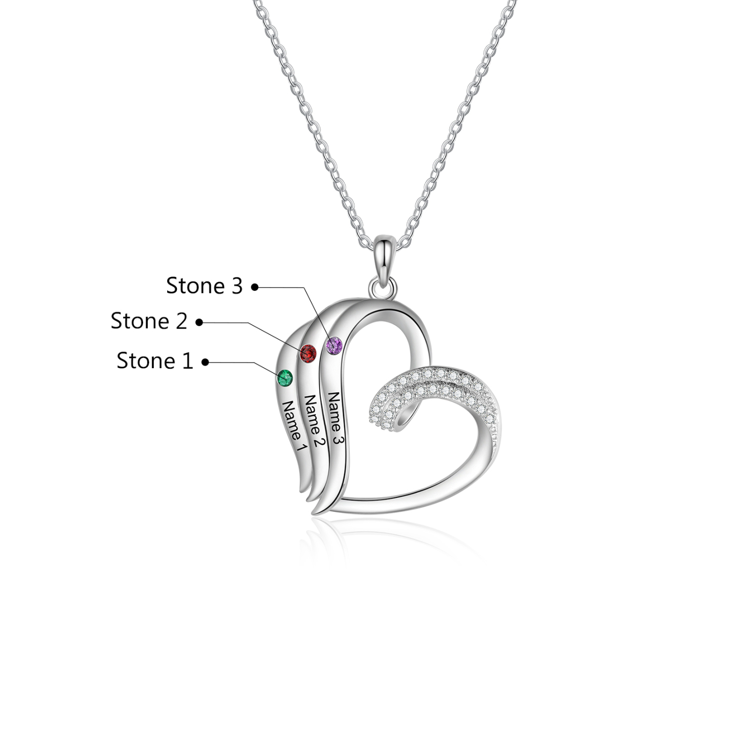 Personalised Heart Pendant Necklace Custom 3 Birthstones Engraved 3 Names Necklace Gift for Her-Jessemade AU