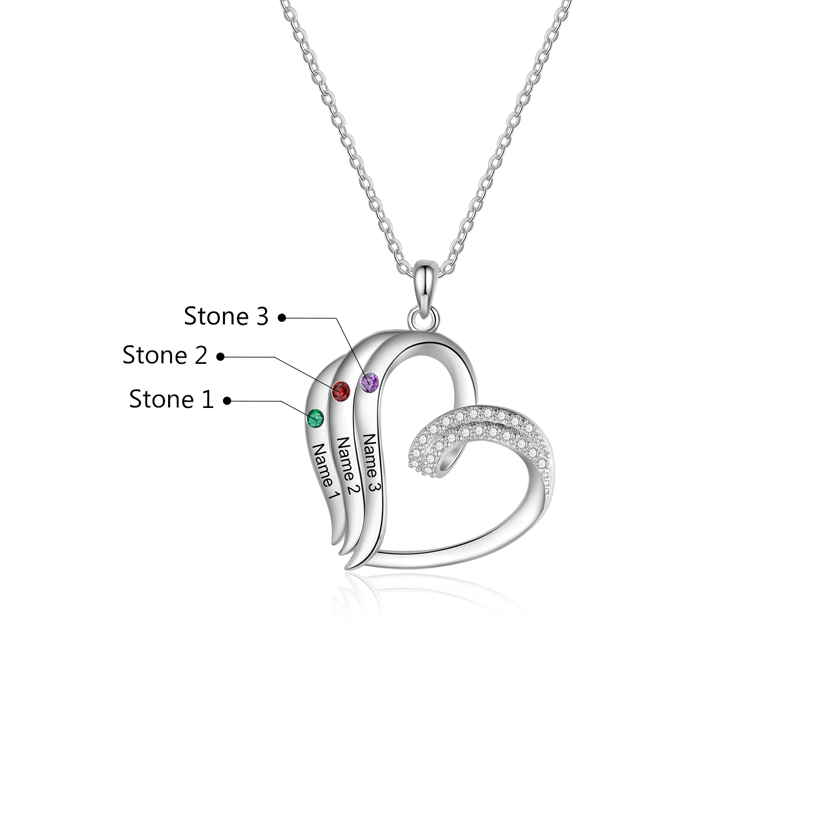 Personalised Heart Pendant Necklace Custom 3 Birthstones Engraved 3 Names Necklace Gift for Her-Jessemade AU