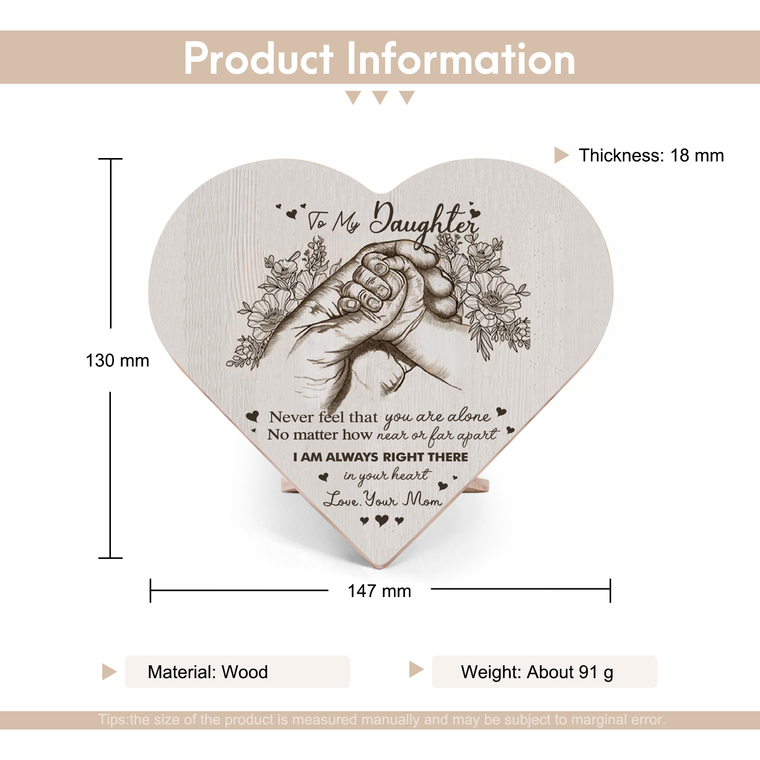 To My Daughter Never feel that you are alone Holding Hands Wooden Heart Keepsake Desktop Ornament-Jessemade AU