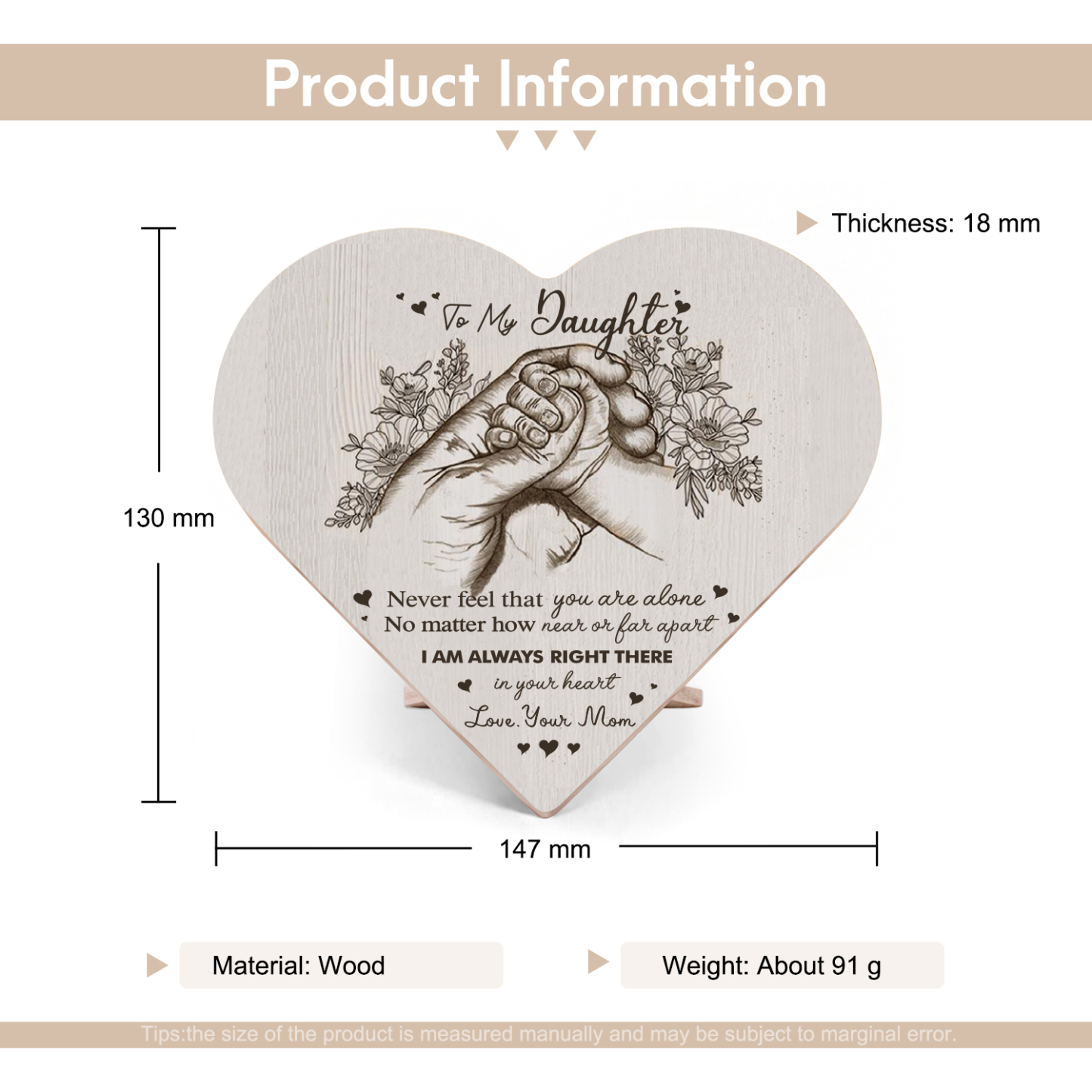 To My Daughter Never feel that you are alone Holding Hands Wooden Heart Keepsake Desktop Ornament-Jessemade AU