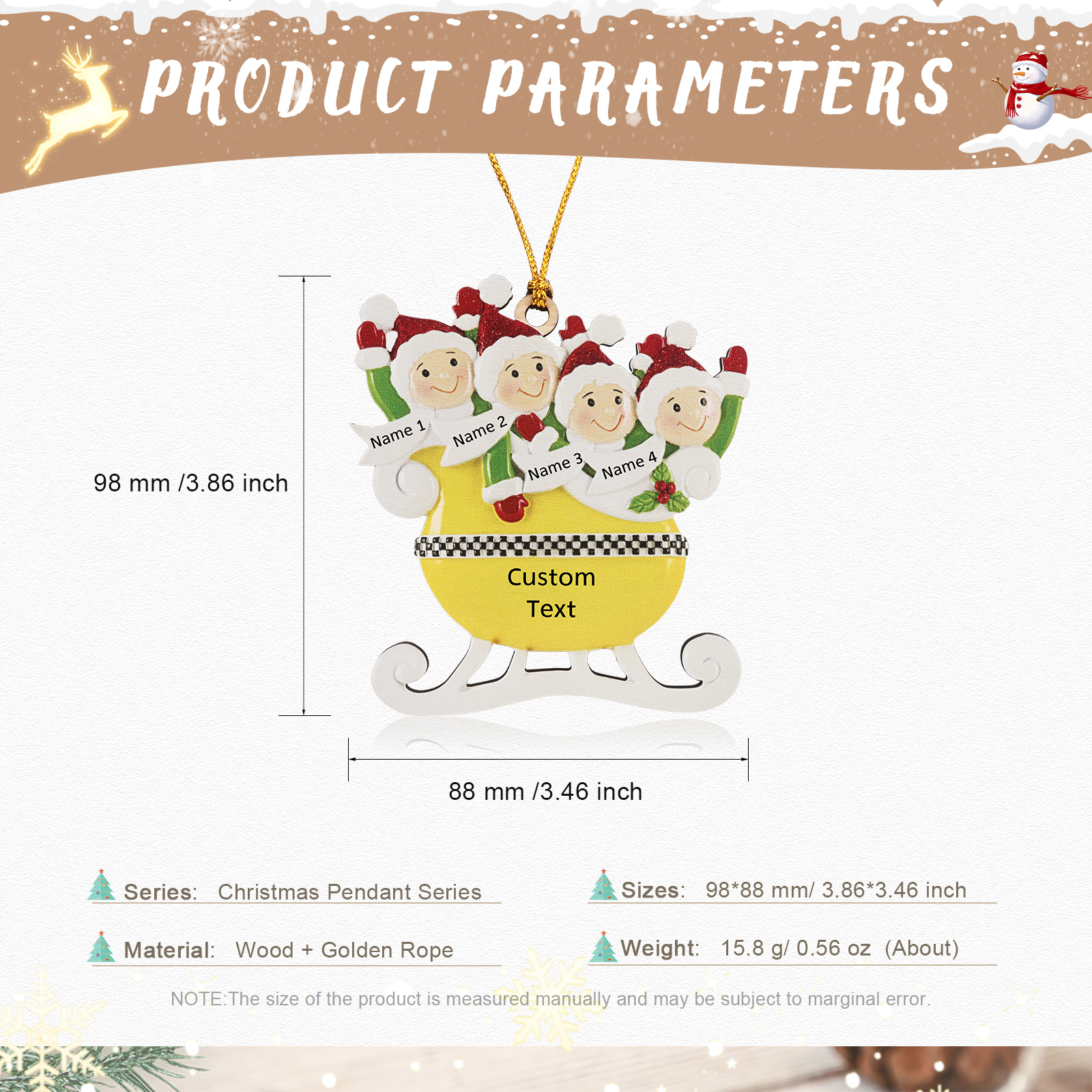 4 Names - Personalised Yellow Sleigh Family Christmas Ornament Customised Name & Text Wooden Hanging Ornaments Christmas Gift for Family-Jessemade AU