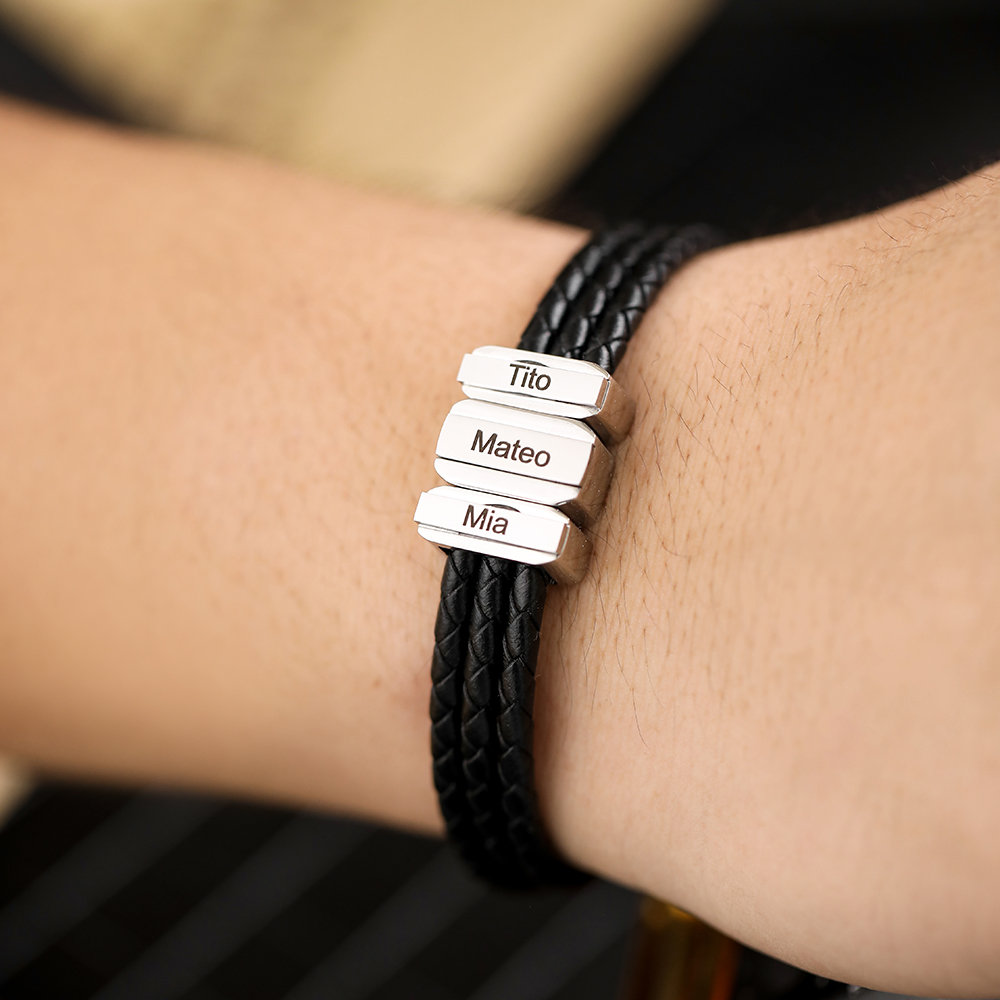 Mens Leather Bracelet with Customised Beads Personalised Three Layer Bracelet Engraved 3 Names-Jessemade AU