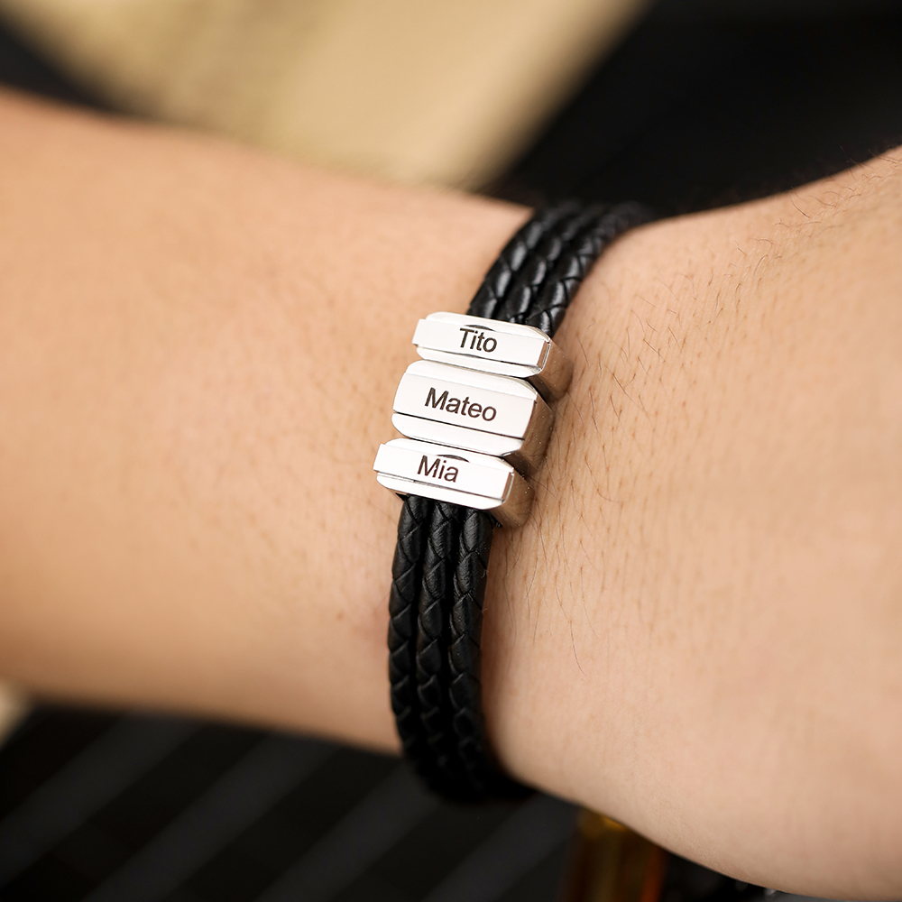 Mens Leather Bracelet with Customised Beads Personalised Three Layer Bracelet Engraved 3 Names-Jessemade AU