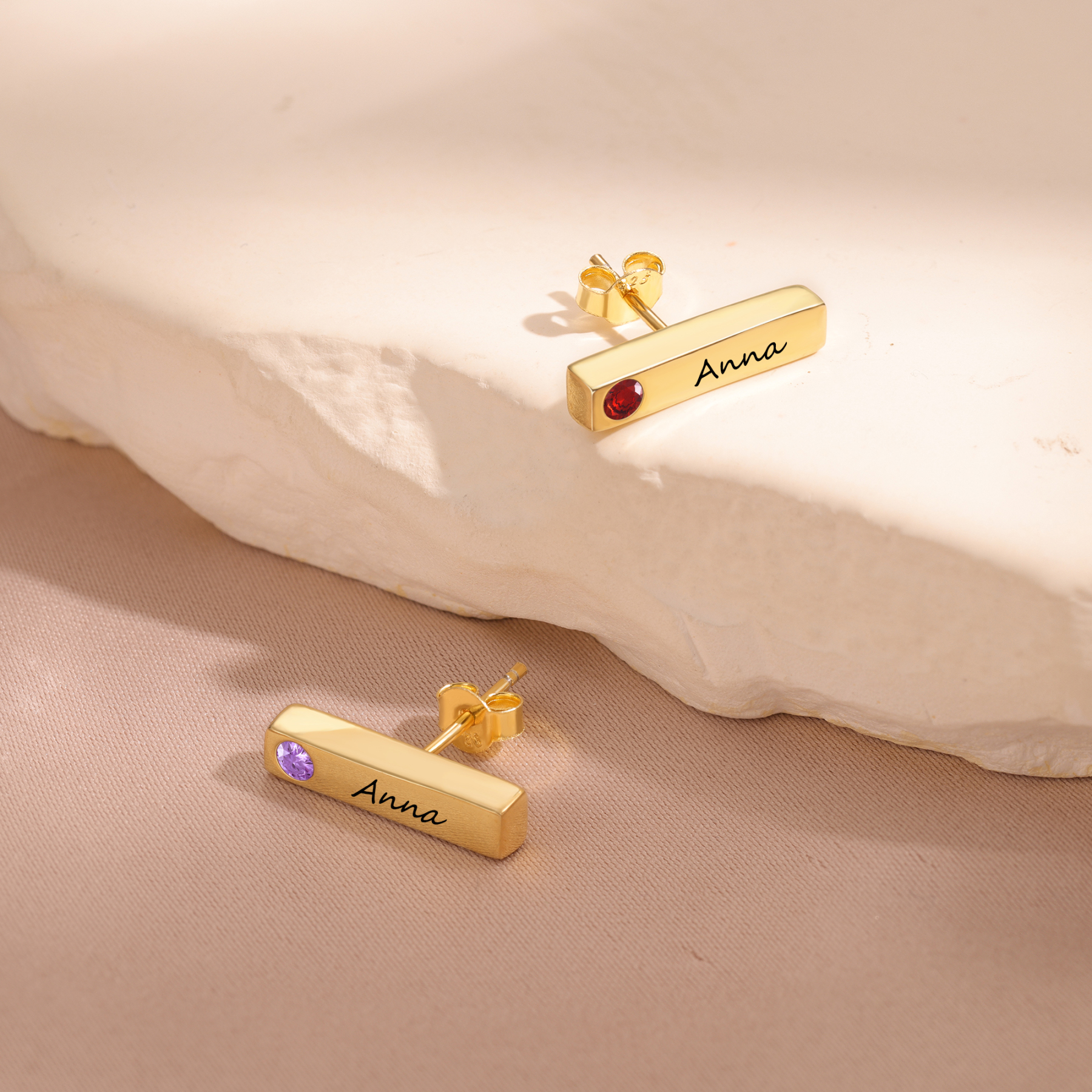 Personalised Bar Earrings Custom 2 Birthstones & 1 Text Earrings Gold Birthday Gift for Her-Jessemade AU