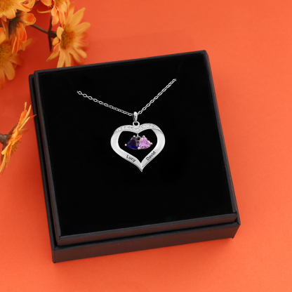 Personalised Heart Pendant Necklace with 2 Birthstones Engraved Names Family Necklace Gifts for Her-Jessemade AU