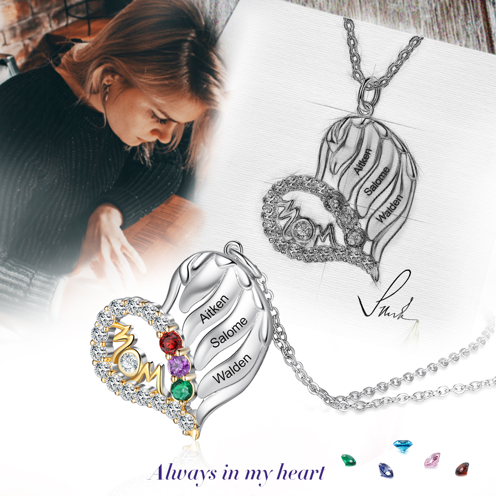 Personalised Heart Necklace With 4 Birthstones Engraved Names Gift For Mother-Jessemade AU