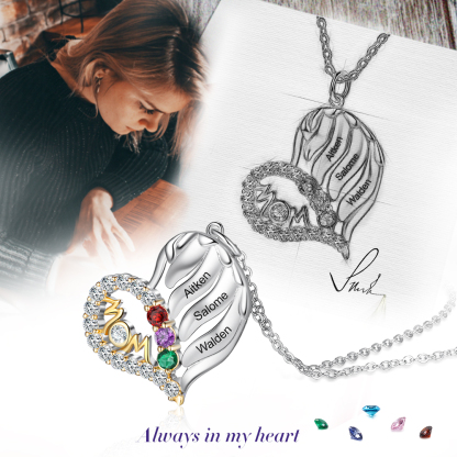 Personalised Heart Necklace With 4 Birthstones Engraved Names Gift For Mother-Jessemade AU