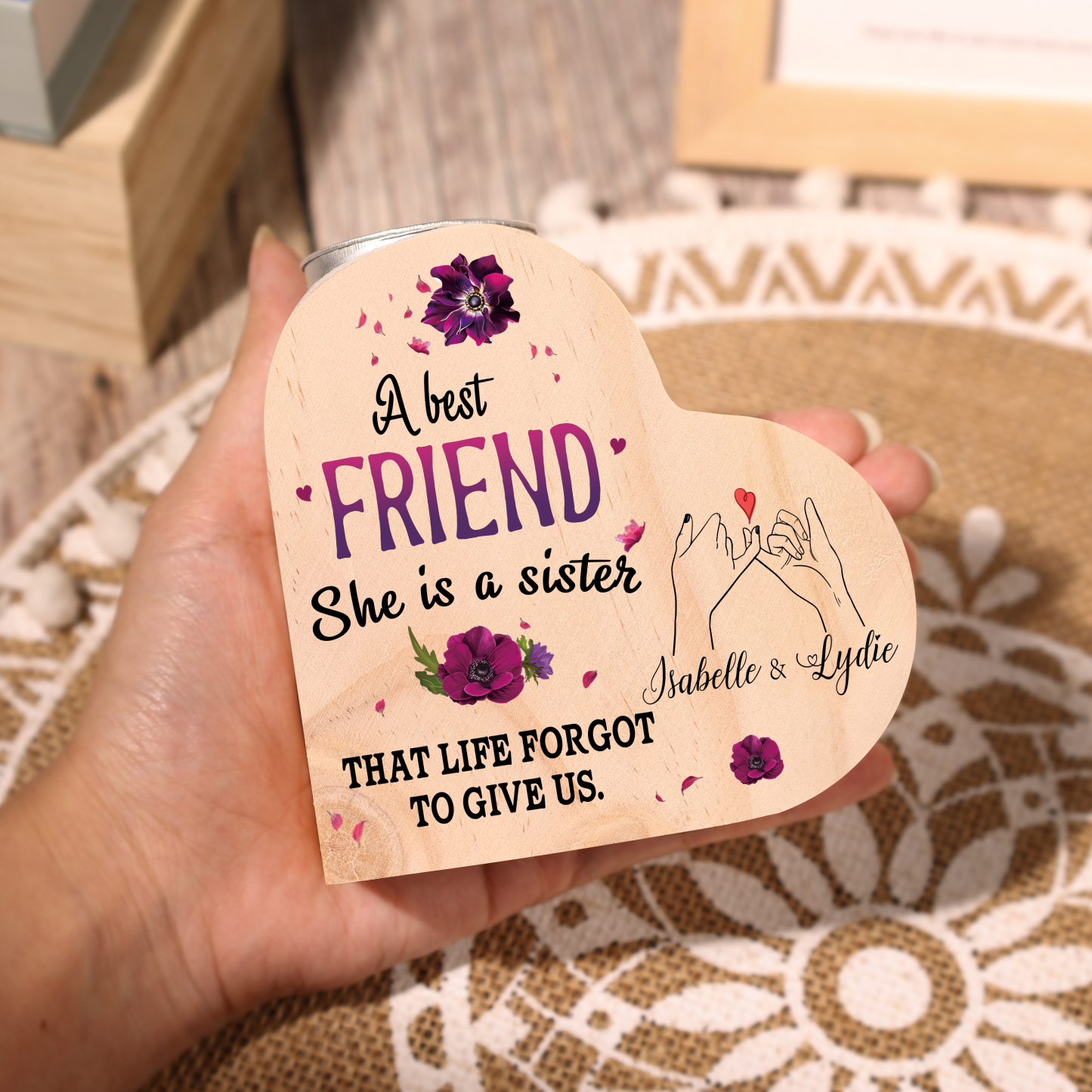 To My Best Friend Violet Flower Heart Candle Holder "She's a sister that life has forgotten to give" Wooden Candlestick-Jessemade AU