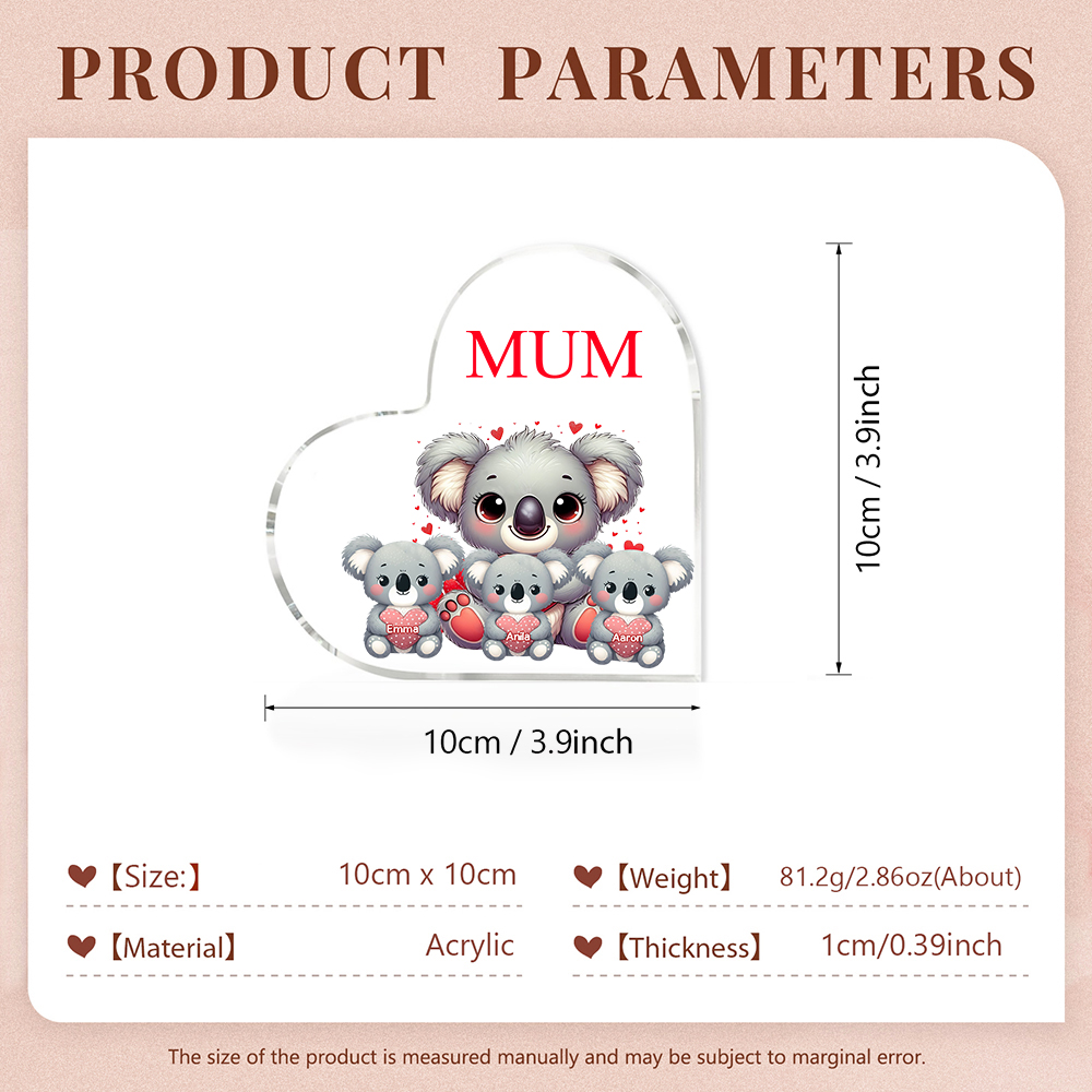 Personalised Acrylic Heart Keepsake Custom 1 Text & 3 Names Ornament Koala Family Gifts for Mother/Grandma-Jessemade AU