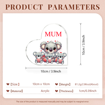 Personalised Acrylic Heart Keepsake Custom 1 Text & 3 Names Ornament Koala Family Gifts for Mother/Grandma-Jessemade AU