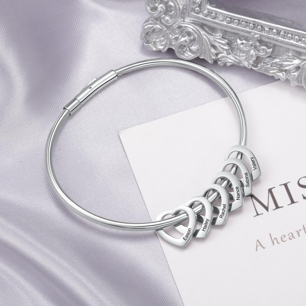 Engraved Personalised Bangle Bracelet with 5 Names with 5 Heart Shape Pendant Gift for Mother-Jessemade AU