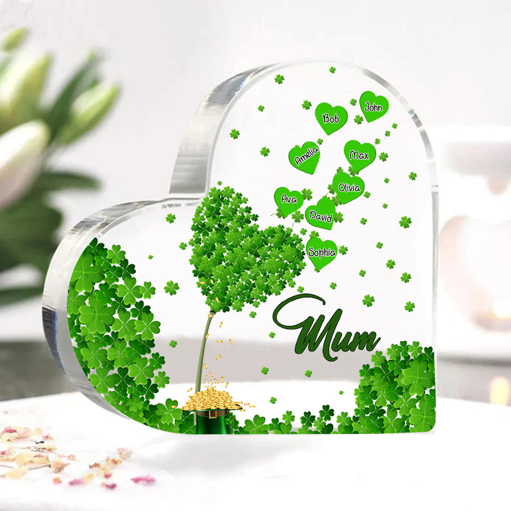 8 Names - Personalised Acrylic Heart Keepsake Custom Text Four-Leaf Clover Ornament Gift for Mother/Grandma-Jessemade AU