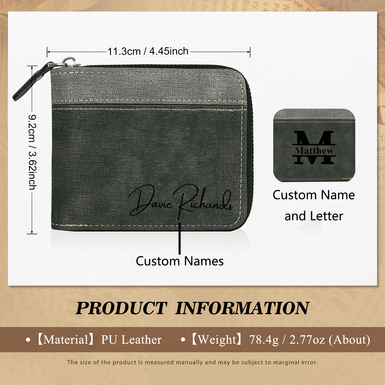 Personalised Text & Letter & Name Billfold Wallet Custom Men's Leather Wallet Zipper Gift for Him-Jessemade AU