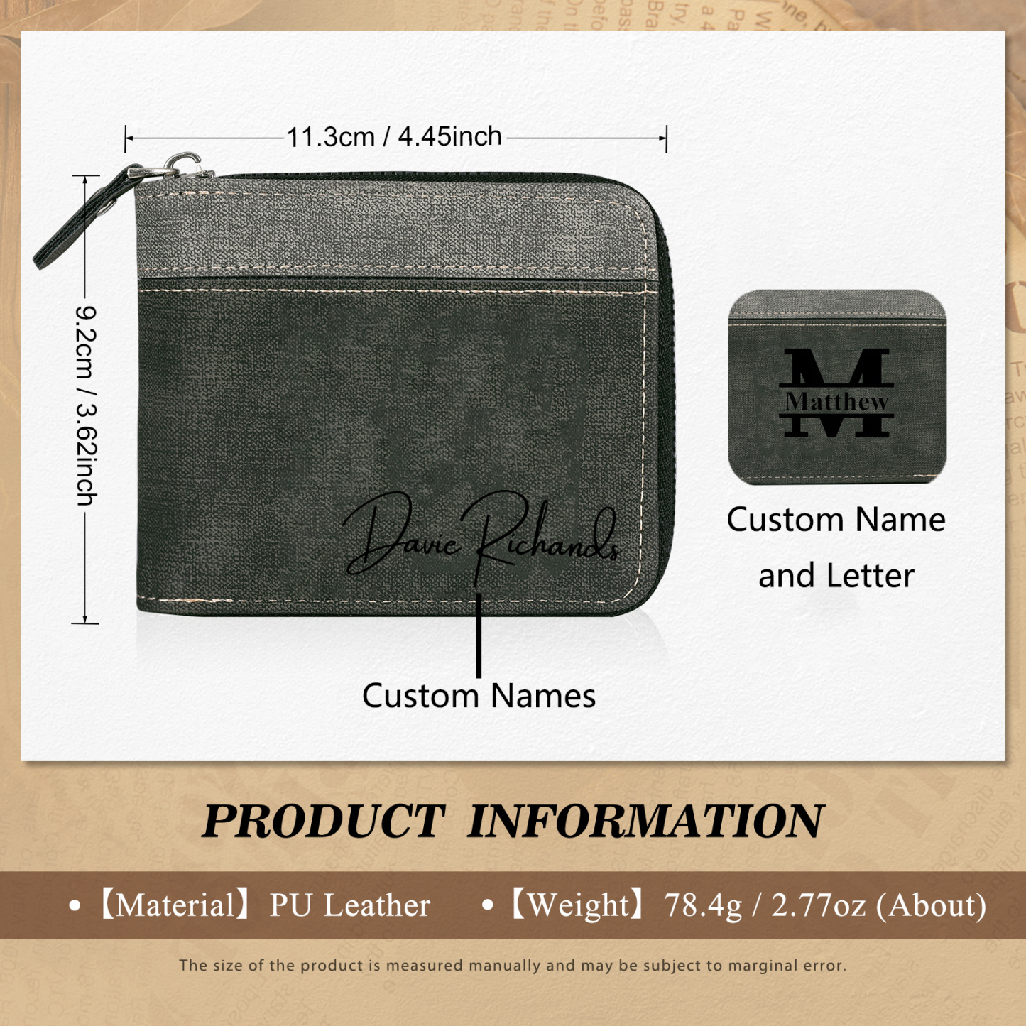 Personalised Text & Letter & Name Billfold Wallet Custom Men's Leather Wallet Zipper Gift for Him-Jessemade AU
