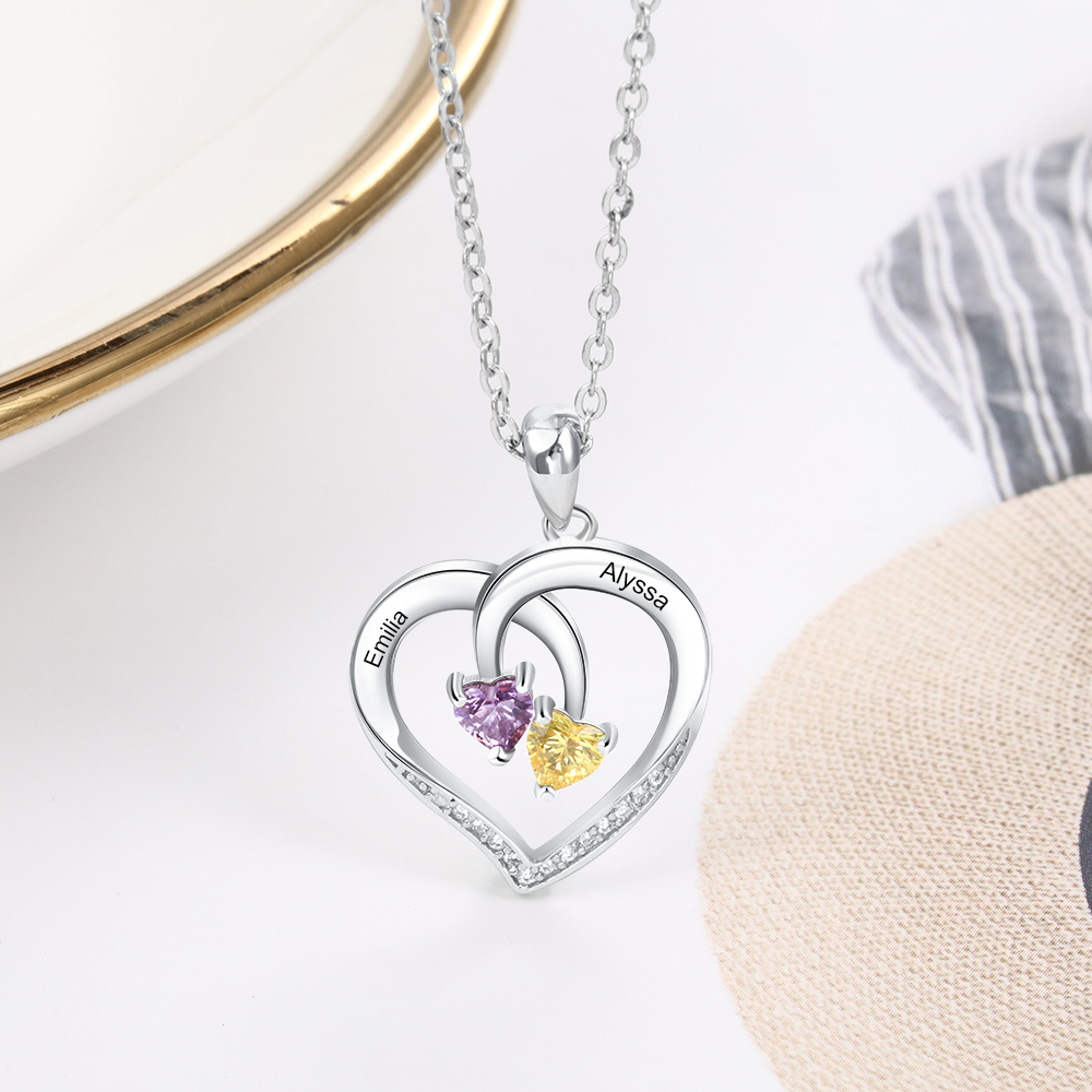 Mother's Day Gift Personalised Heart Necklace With Names Custom 2 Birthstones Gifts For Women-Jessemade AU