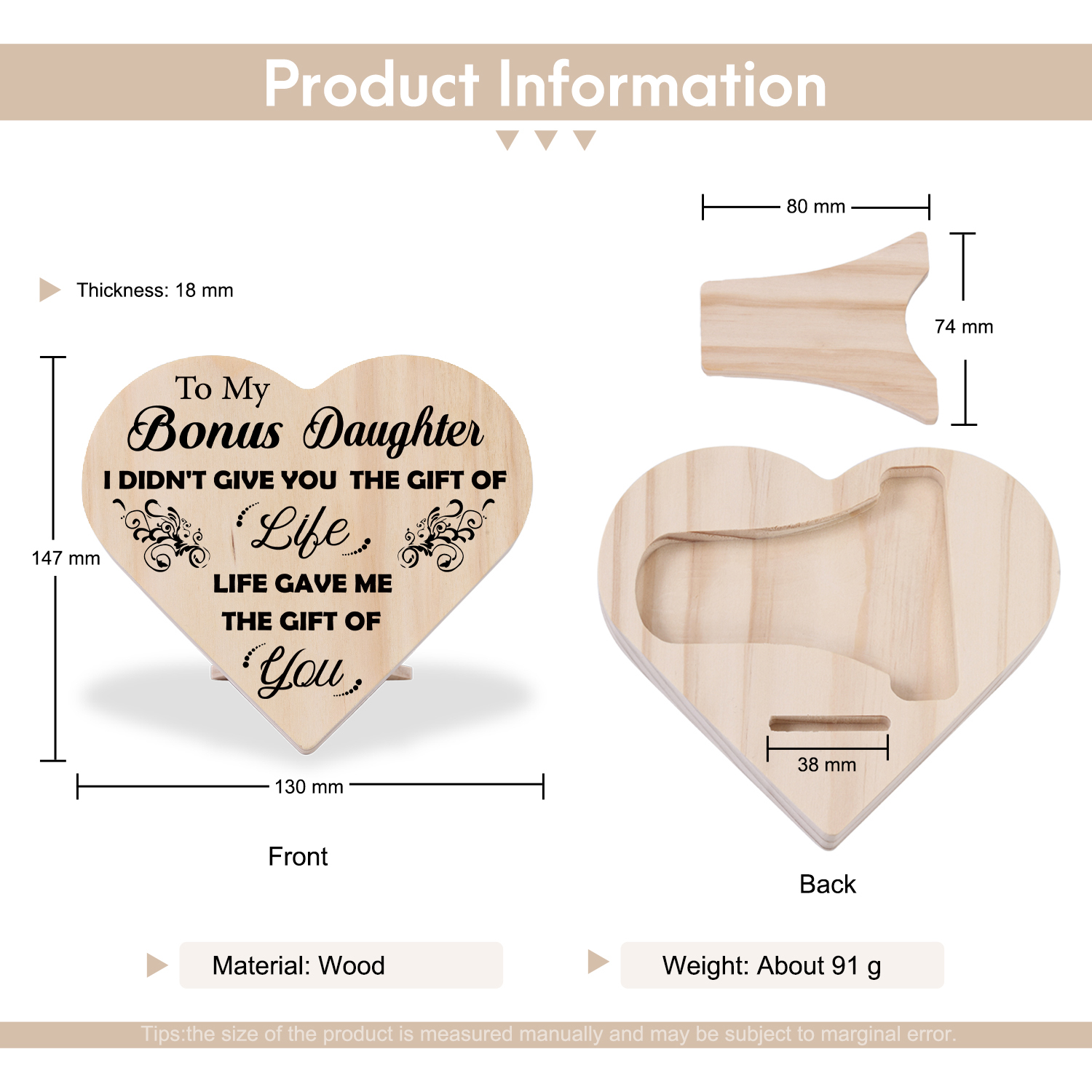 To My Bonus Daughter Life Gave Me The Gift Of You Wooden Heart Keepsake Desktop Ornament-Jessemade AU