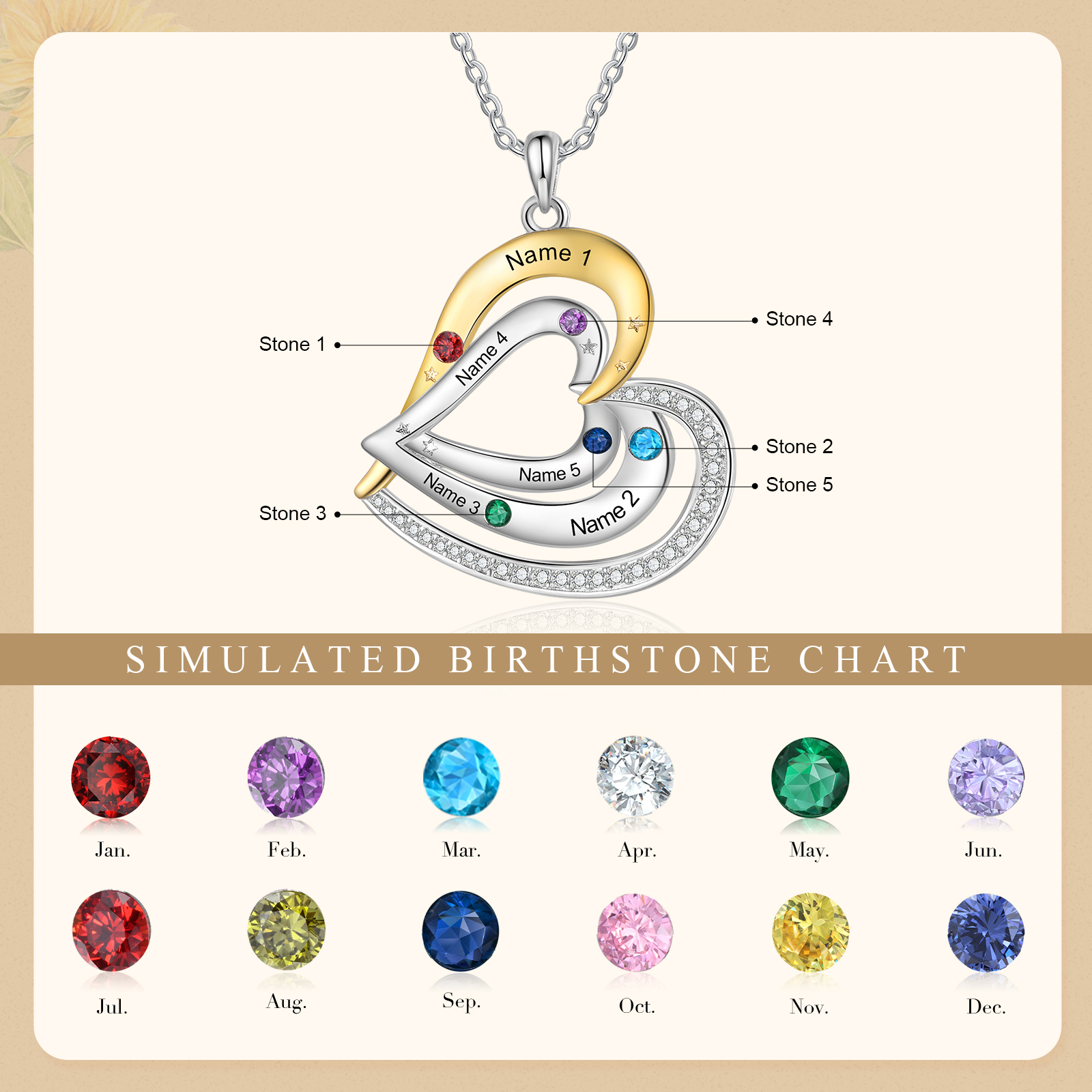 Personalised 5 Birthstones & 5 Names Necklace Custom Heart Pendant Necklace Gifts for Her-Jessemade AU