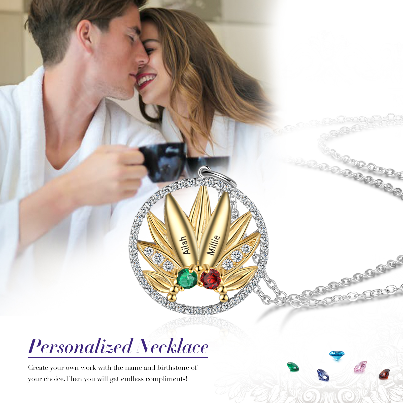 Personalised Sunflower Necklace With 2 Birthstones Engraved Names Necklace Gift For Women-Jessemade AU