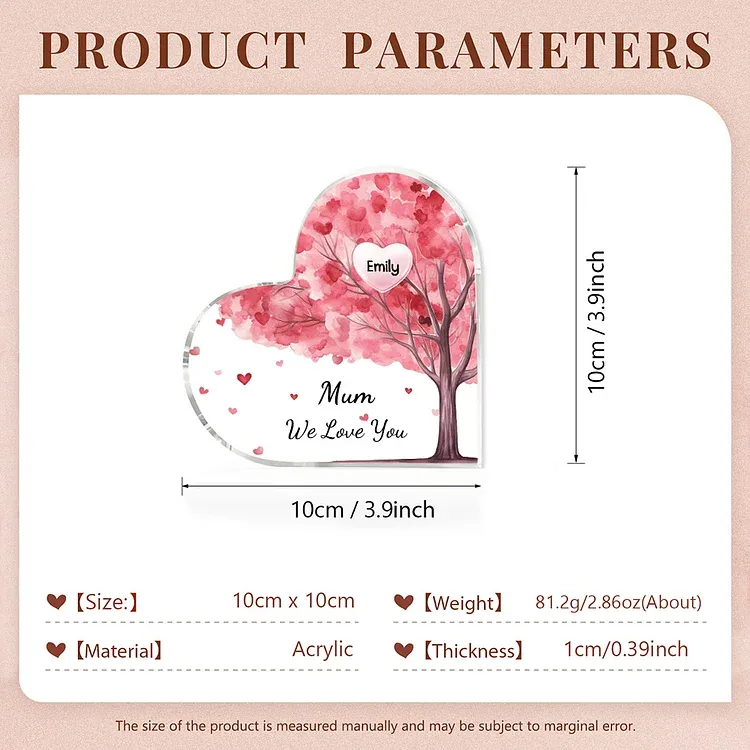 1 Name - Personalised Acrylic Heart Keepsake Custom Text Pink Tree Ornaments Gifts for Grandma/Mother-Jessemade AU