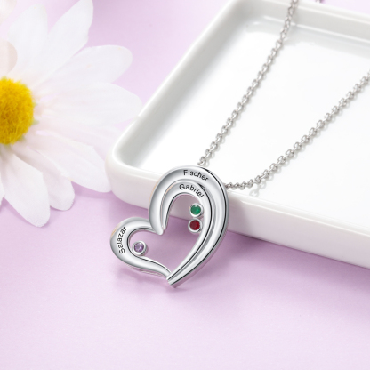 Personalised Heart Necklace With 3 Birthstones Engraved Names Gift For Her-Jessemade AU
