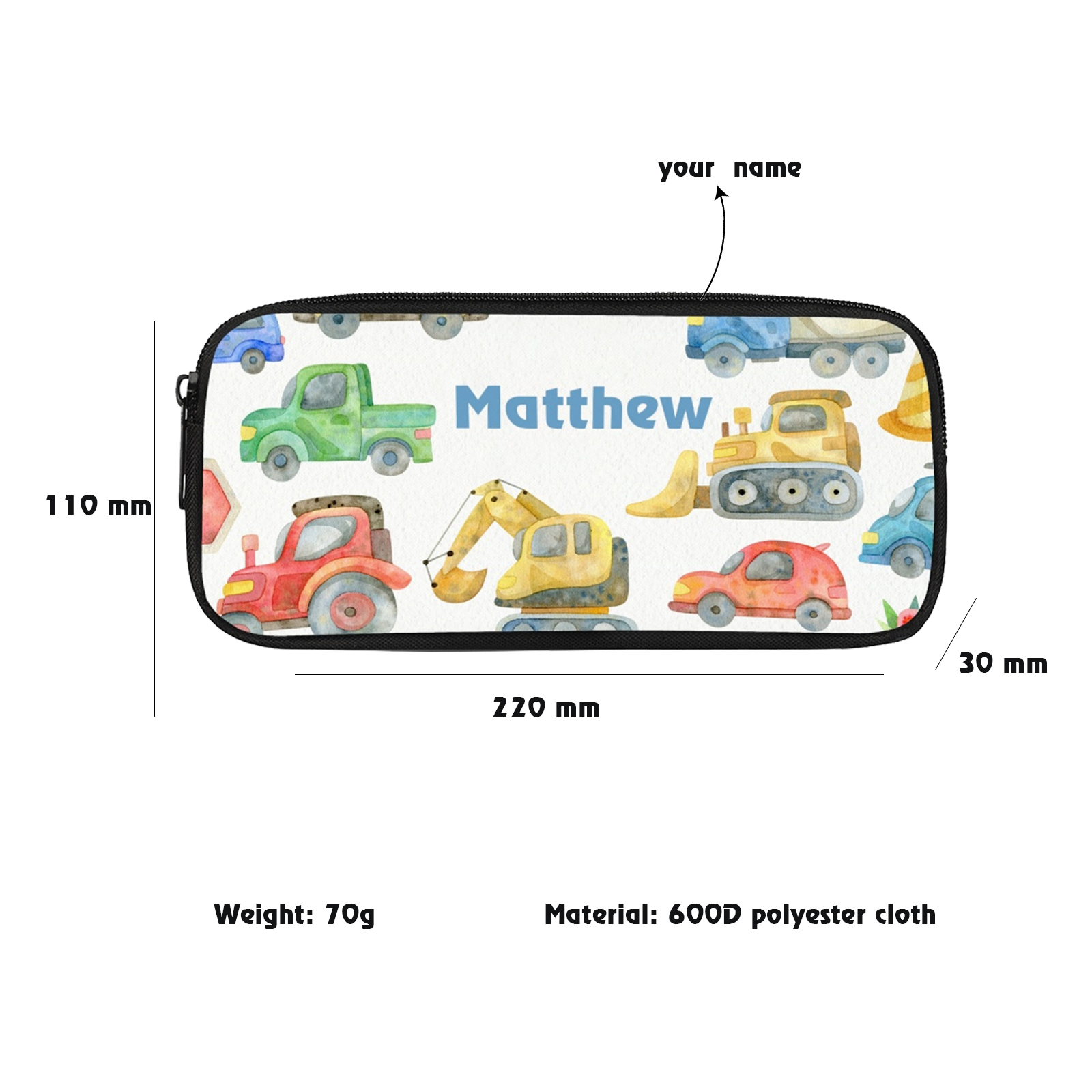 Personalised  Name Pencil Case Cars Pen Bag Zipper Back to School Gifts for Student-Jessemade AU