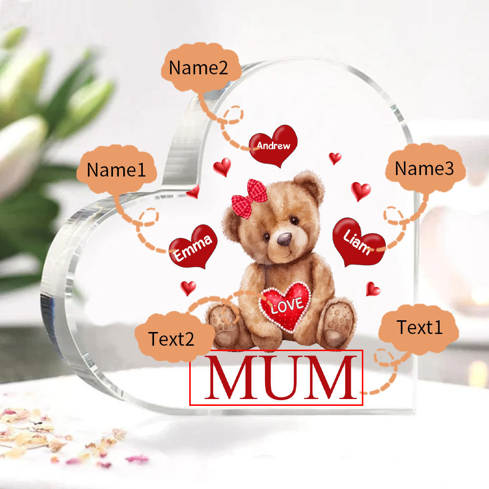 3 Names - Personalised Acrylic Heart Keepsake Custom 2 Texts Teddy Bear Ornaments Gifts for Grandma/Mother-Jessemade AU