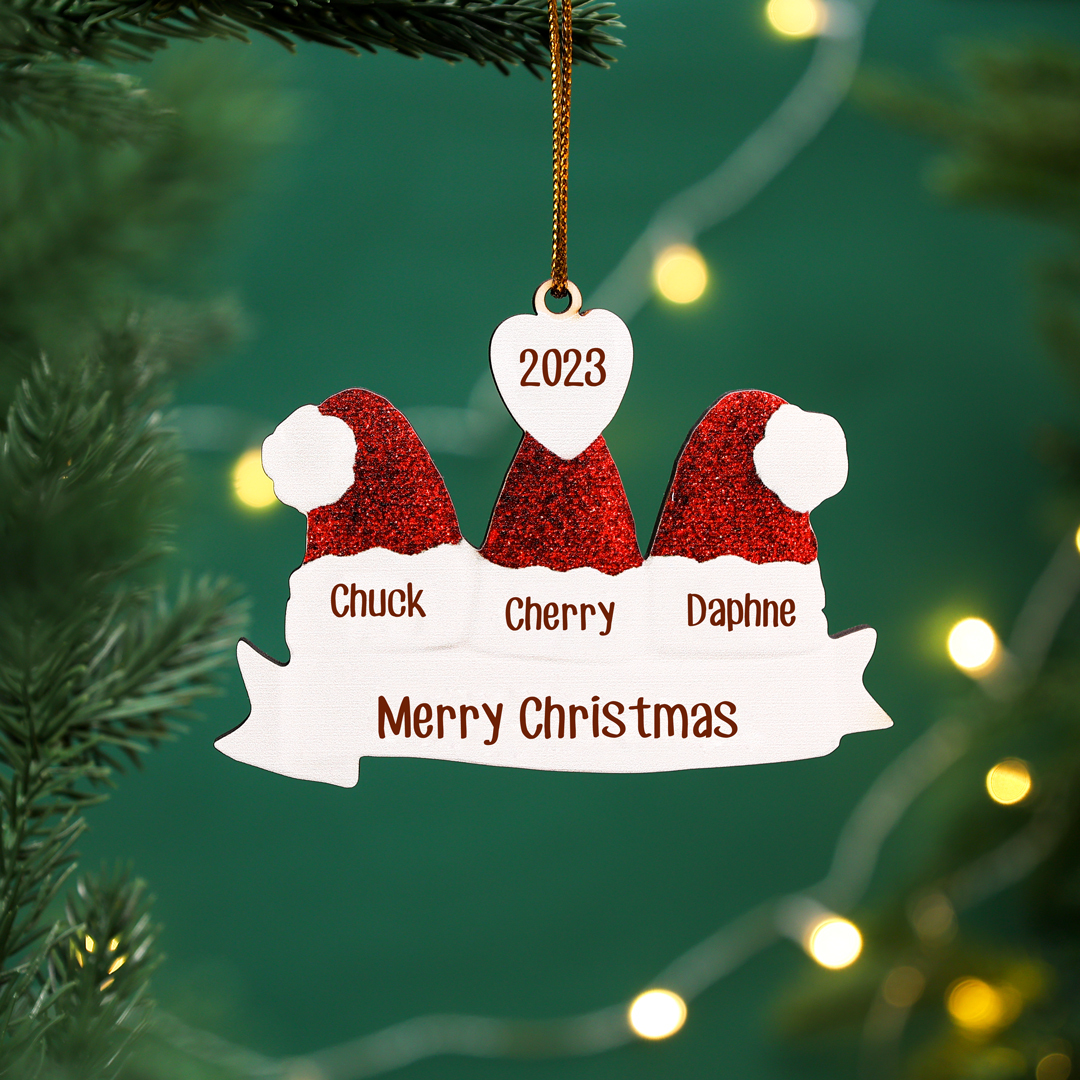 5 Names - Personalised Wooden Christmas Hat Ornaments Custom Text & Name & Year Xmas Pendant Gifts for Family-Jessemade AU