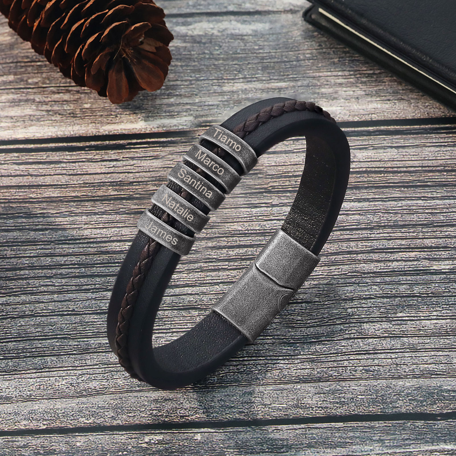 5 Names - Personalised Men's Leather Bracelet Custom Text Beaded Bracelets Vintage Gift for Him