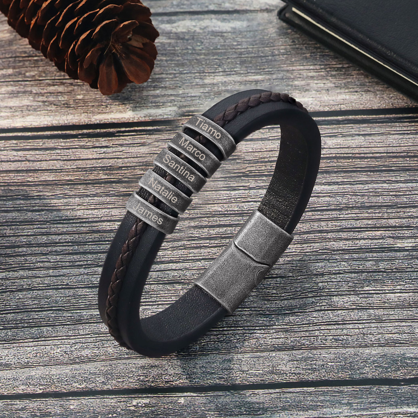 5 Names - Personalised Men's Leather Bracelet Custom Text Beaded Bracelets Vintage Gift for Him