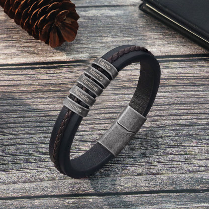 5 Names - Personalised Men's Leather Bracelet Custom Text Beaded Bracelets Vintage Gift for Him