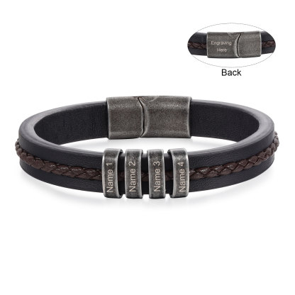 4 Names - Personalised Men's Leather Bracelet Custom Text Beaded Bracelets Vintage Gift for Him