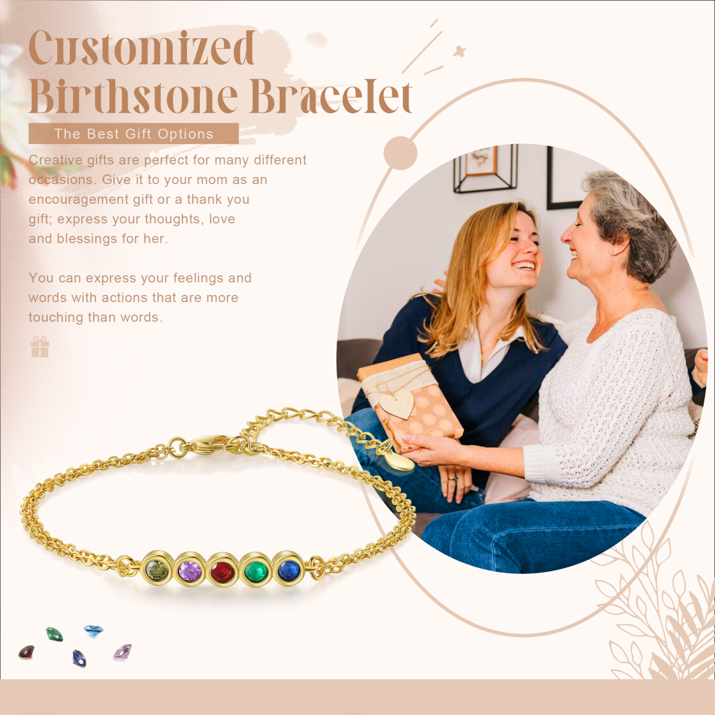 Personalised Bracelet Custom 5 Birthstones Adjustable Bracelet Gifts for Ladies Girls-Jessemade AU