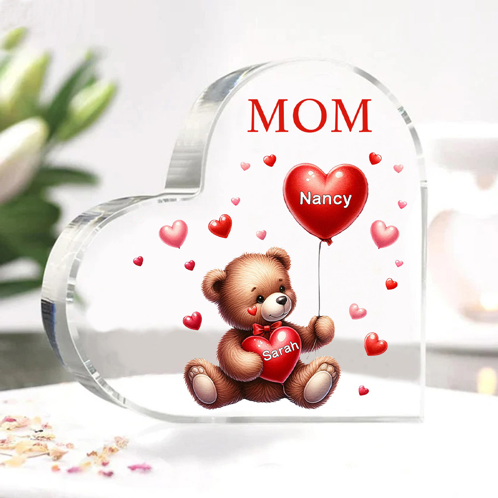 2 Names - Personalised Acrylic Heart Keepsake Custom Text Teddy Bear Balloon Ornaments Gifts for Grandma/Mother-Jessemade AU