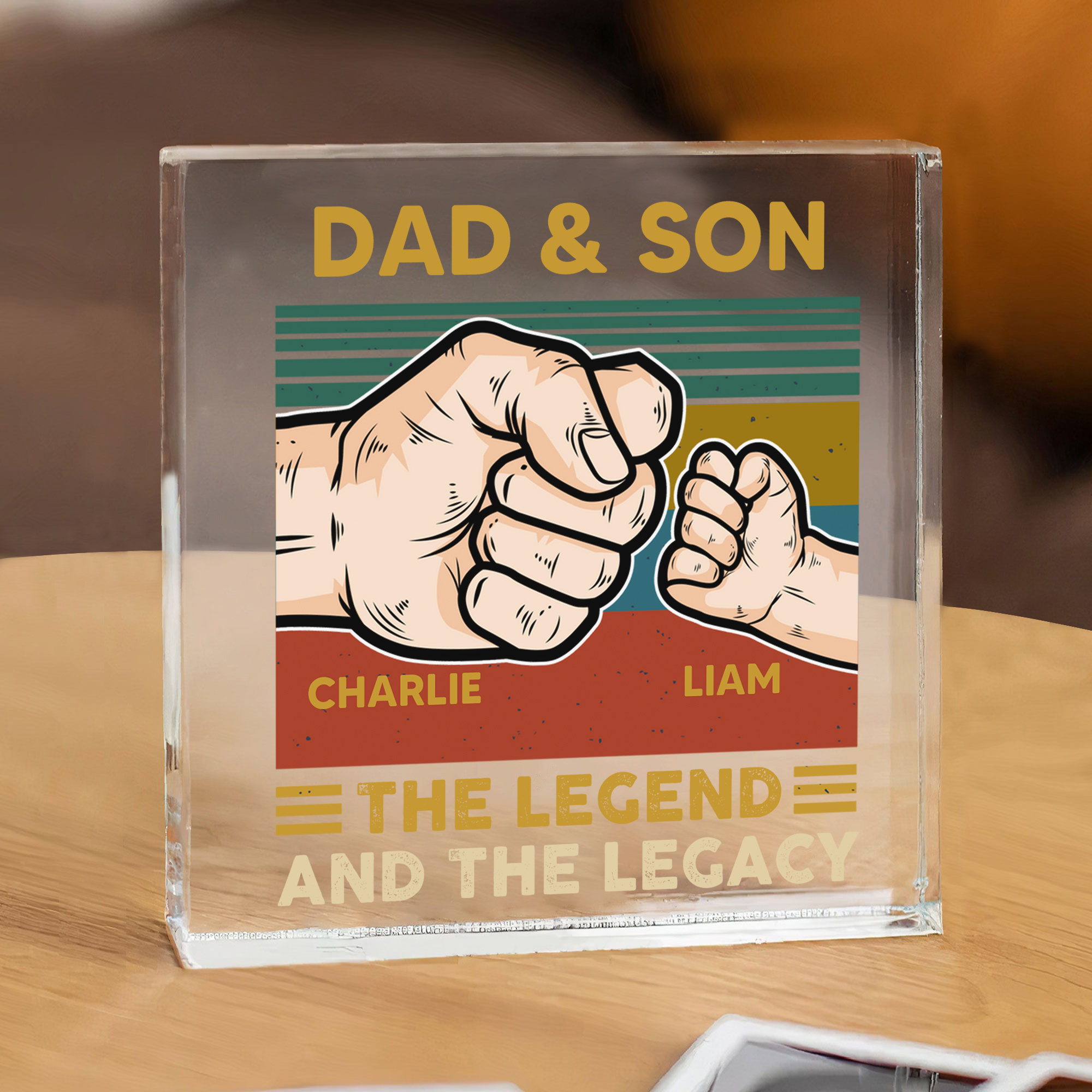 Personalised 2 Names & 1 Text Acrylic Square Keepsake Custom Fist Bump Rectangle Plaque - The Legend And The Legacy-Jessemade AU