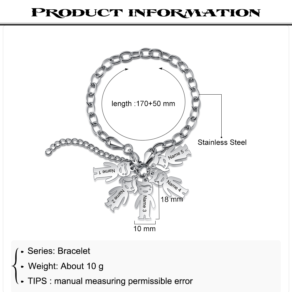 Personalised 5 Kids Charm Bracelet Engraved Names Gift For Mother-Jessemade AU