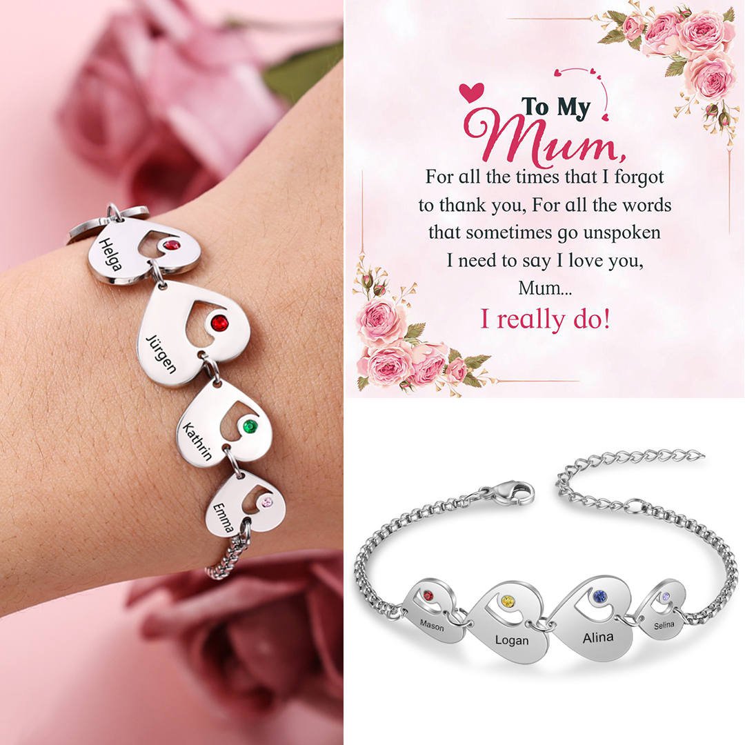 4 Names - Personalised Heart Bracelet Custom Names & Birthstones Family Bracelet Gifts for Her-Jessemade AU