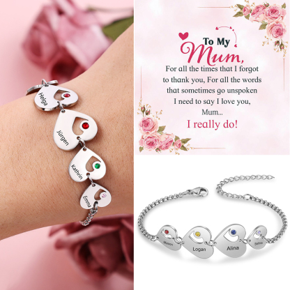 4 Names - Personalised Heart Bracelet Custom Names & Birthstones Family Bracelet Gifts for Her-Jessemade AU